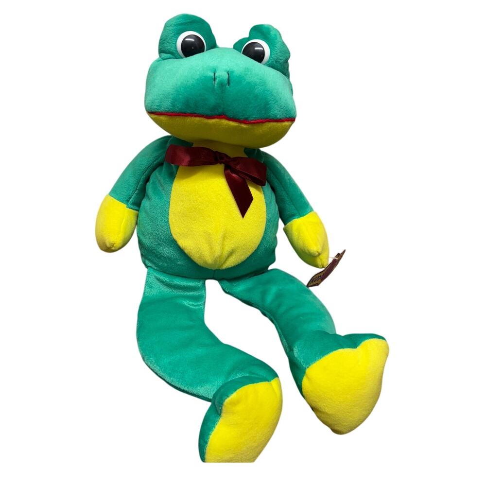 Kuddle Me Toys Frog Green Yellow Plush Stuffed Animal with Bow NWT 18"